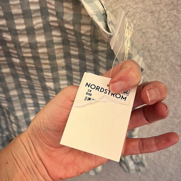 Open Edit Seersucker Pajama Top‎ in Teal Mist Gingham Size 3X - Picture 5 of 8